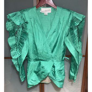 BB Collections Womens Vintage 80s Avant-Garde Green Ruffled Beaded Jacket Size 4